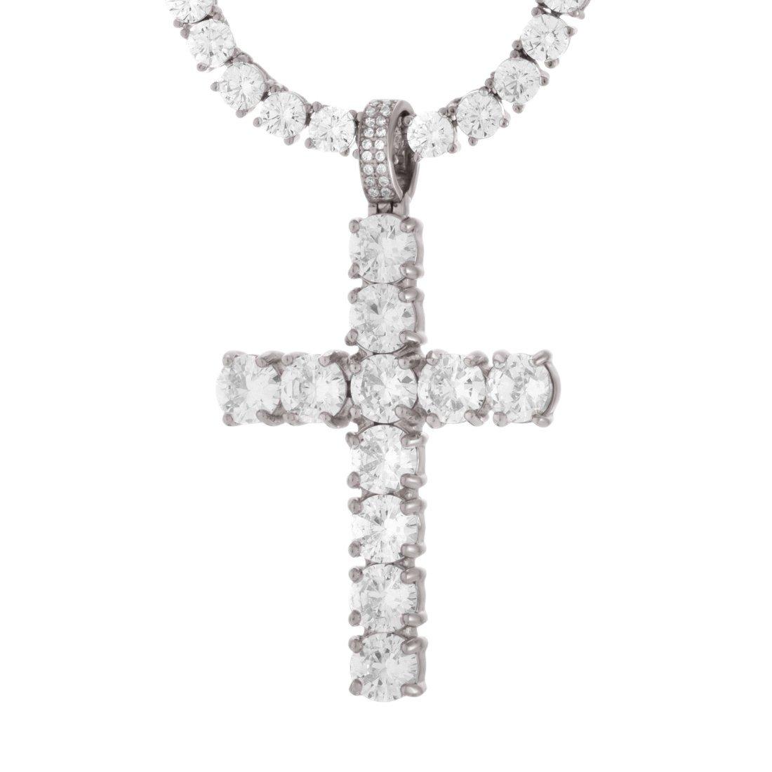 King Ice Tennis Cross Necklace - White Gold - WHITE GOLD